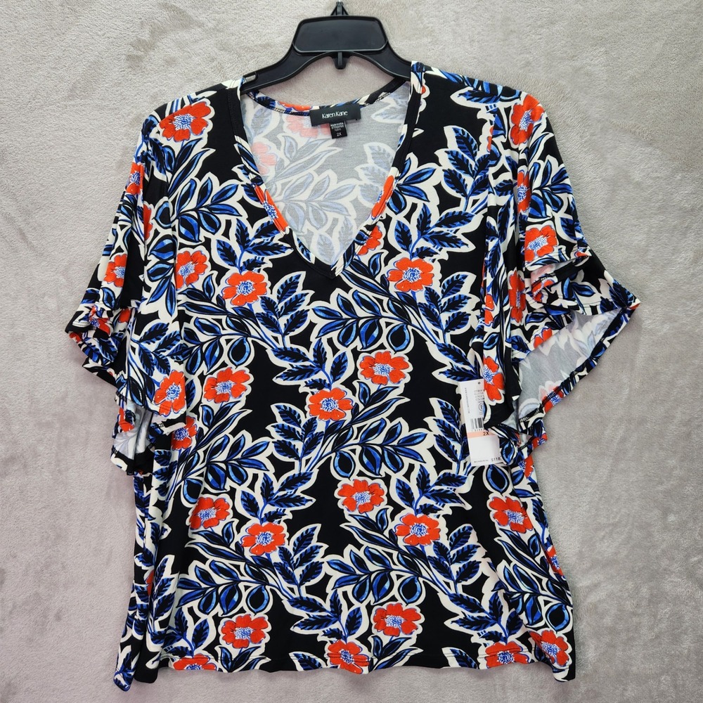 Karen Kane Blouse Womens 3X Plus Flutter Sleeve V Neck Floral Top Made In USA
